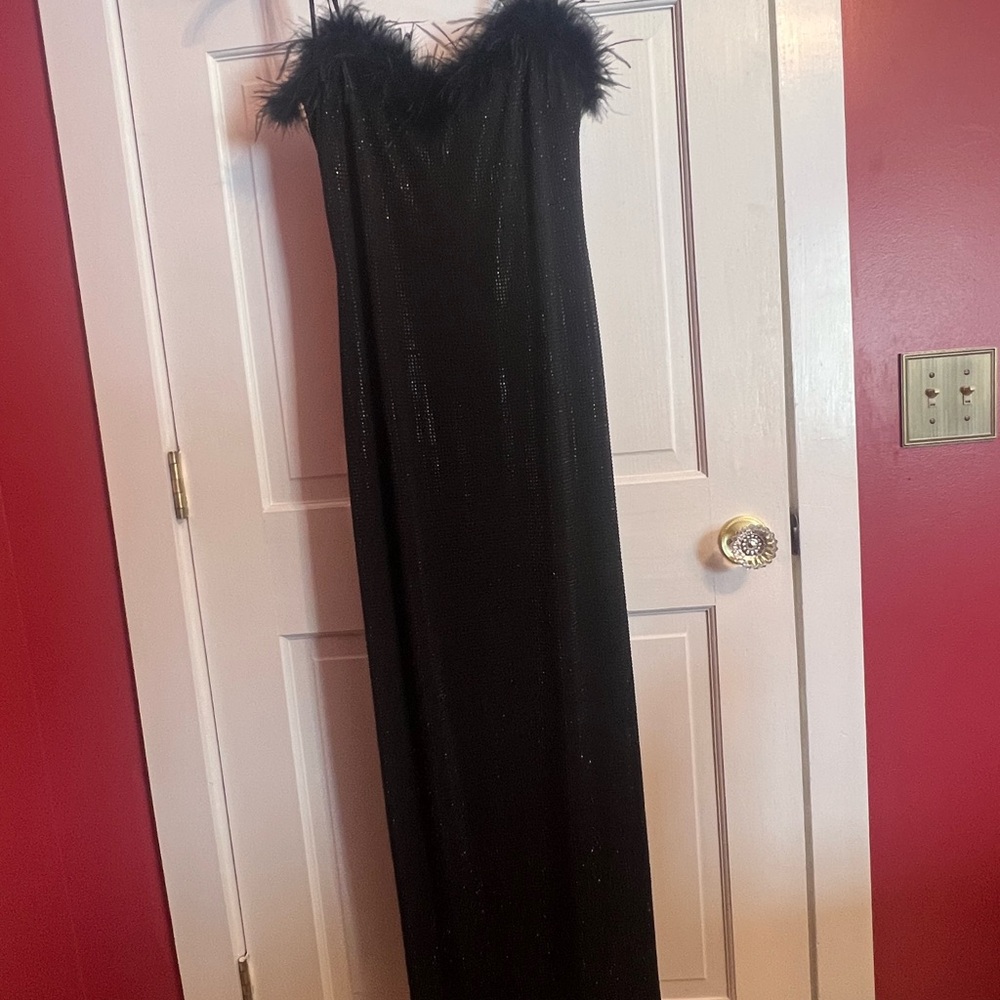 Speechless Black Rinestone Formal Dress with Feather Neckline
